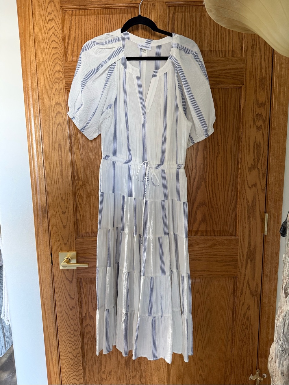 Calvin Klein White and Light Blue Striped Maxi Dress